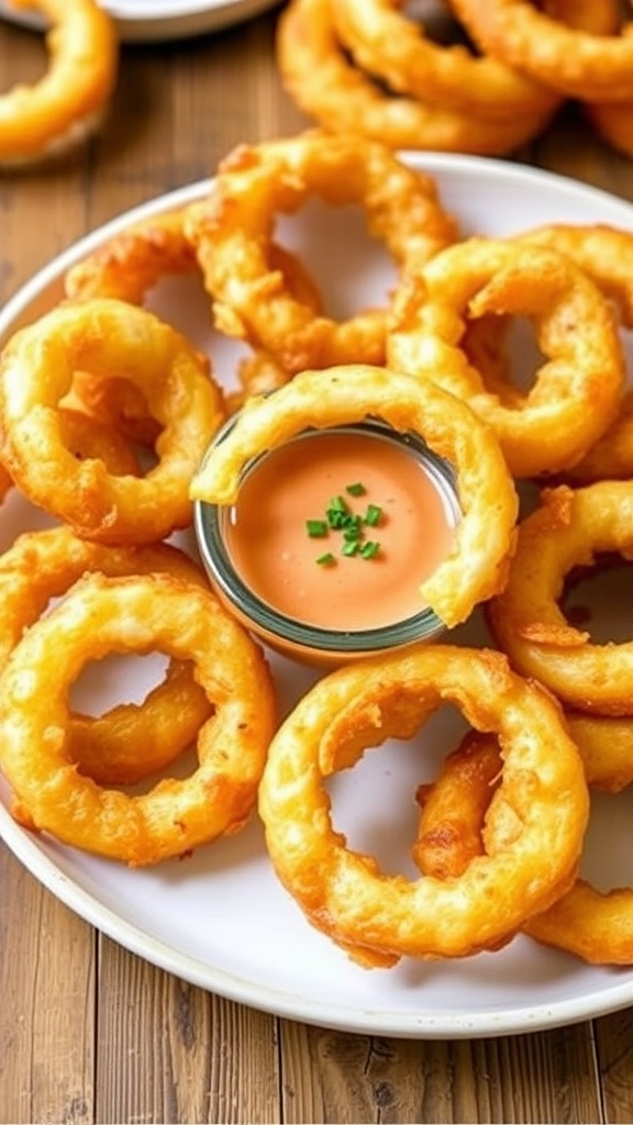 Crispy air fryer onion rings on a plate with dipping sauce, garnished with parsley.